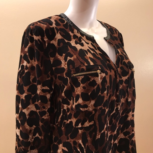 Rafaella Animal Print Tunic Top Womens Size Large Brown Black Faux Leather Trim - Picture 3 of 15